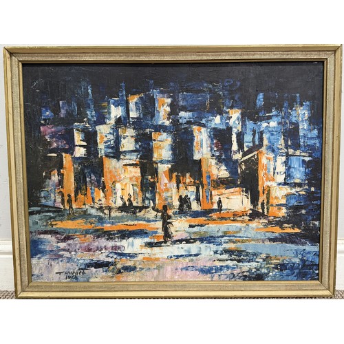256 - 20th century school, abstract oil on board, study of Middle Eastern scene, signed 'Tassaved 1968', 4... 