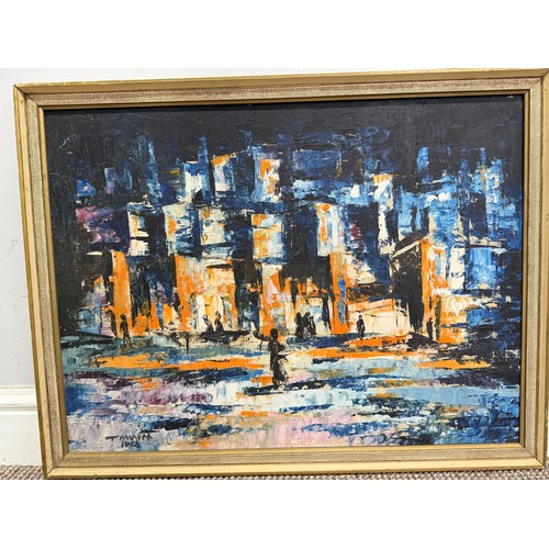 256 - 20th century school, abstract oil on board, study of Middle Eastern scene, signed 'Tassaved 1968', 4... 