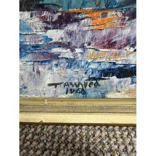 256 - 20th century school, abstract oil on board, study of Middle Eastern scene, signed 'Tassaved 1968', 4... 