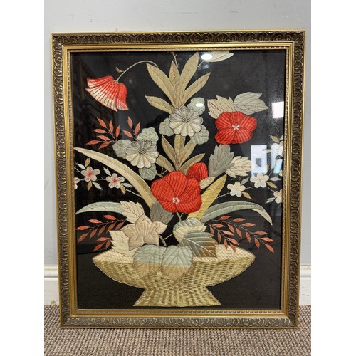 239 - A 19th century plush and bead work Peacock, on floral swag, framed and glazed, 42 cm x 60 cm, togeth... 