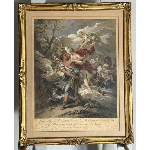 240 - After Francois le Moine, hand coloured engraving, Laurent Cars, of Diana and Endymion, 43 cm x 35 cm... 