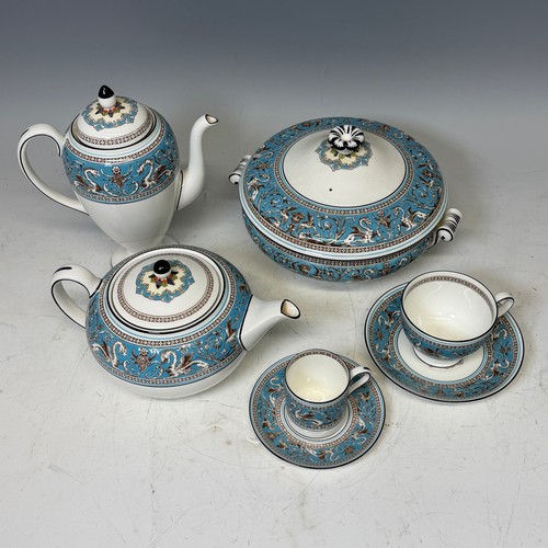 A Wedgwood Florentine Turquoise pattern part dinner and coffee Service, including; coffee and tea pot, cups and saucers, cream jug, sugar pot, serving dishes, two vegetable tureens and covers, etc. (a lot)