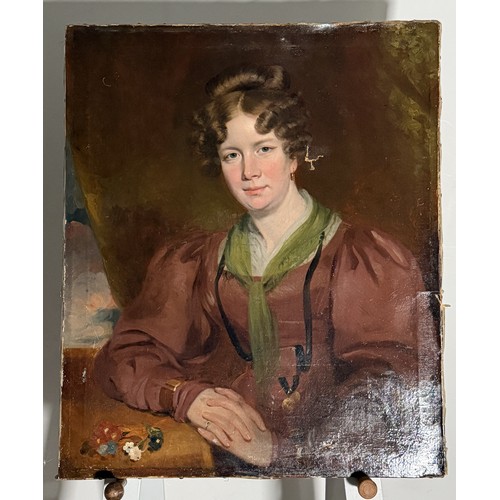 243 - Late 19th century School, oil on canvas, portrait of a Lady, damages and restored, 76 cm x 63 cm, un... 
