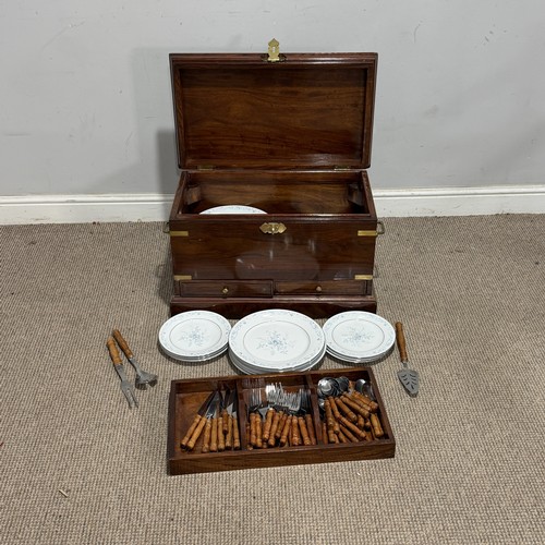 222 - A 20th century brass bound mahogany Canteen, W 62 cm x H 40 cm x D 37 cm, complete with polished woo... 