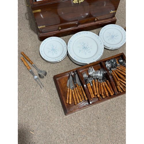 222 - A 20th century brass bound mahogany Canteen, W 62 cm x H 40 cm x D 37 cm, complete with polished woo... 