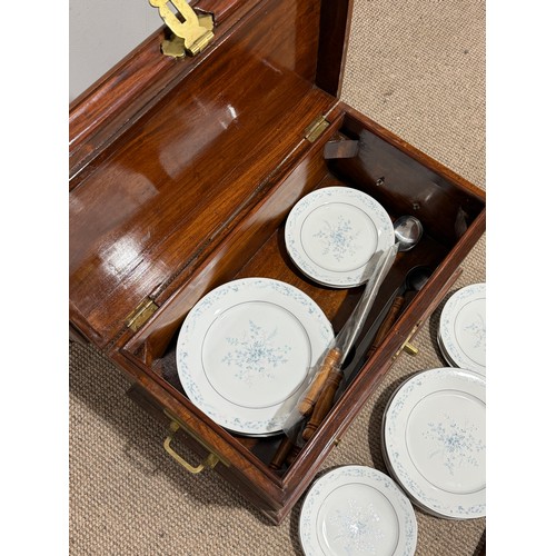 222 - A 20th century brass bound mahogany Canteen, W 62 cm x H 40 cm x D 37 cm, complete with polished woo... 