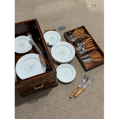 222 - A 20th century brass bound mahogany Canteen, W 62 cm x H 40 cm x D 37 cm, complete with polished woo... 