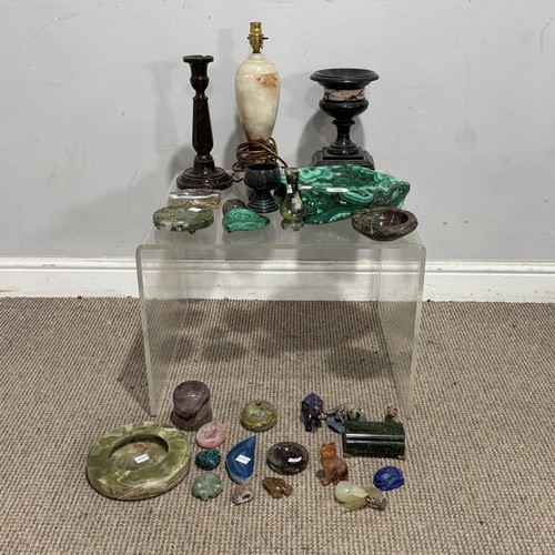 266 - A large malachite bowl, together with a lapis lazuli carved elephant, green onyx ashtray and assorte... 