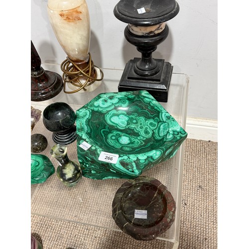 266 - A large malachite bowl, together with a lapis lazuli carved elephant, green onyx ashtray and assorte... 