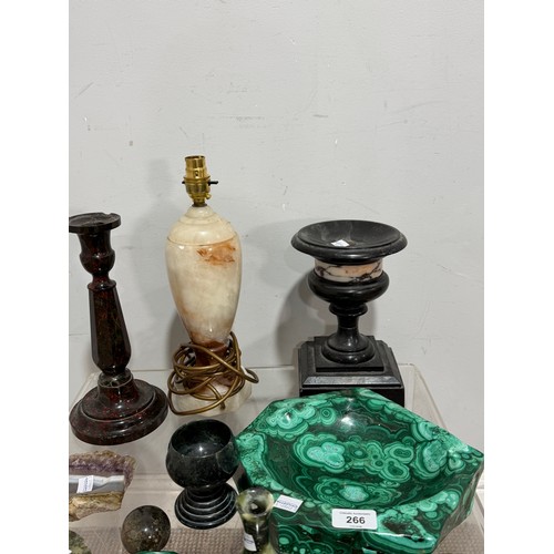 266 - A large malachite bowl, together with a lapis lazuli carved elephant, green onyx ashtray and assorte... 