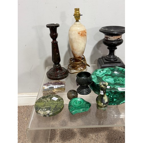 266 - A large malachite bowl, together with a lapis lazuli carved elephant, green onyx ashtray and assorte... 