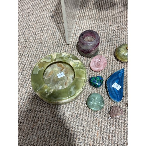 266 - A large malachite bowl, together with a lapis lazuli carved elephant, green onyx ashtray and assorte... 