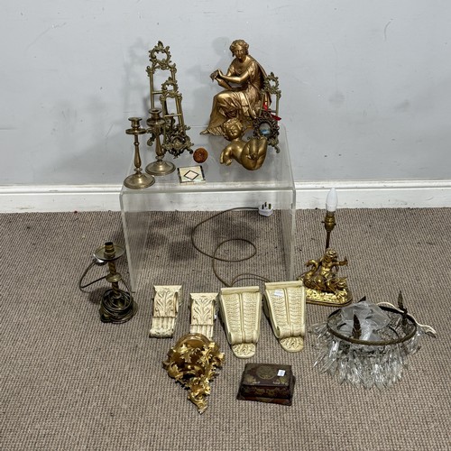 267 - A carved coquilla nut pocket pomander, together with brass candlesticks and easels, glass chandelier... 