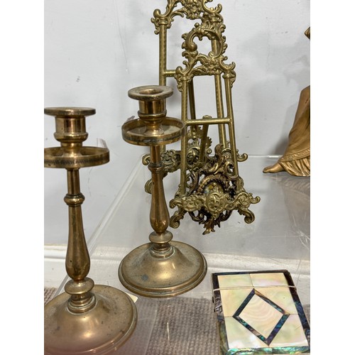 267 - A carved coquilla nut pocket pomander, together with brass candlesticks and easels, glass chandelier... 