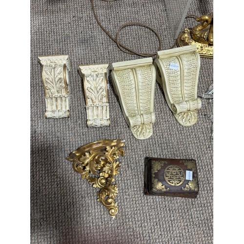 267 - A carved coquilla nut pocket pomander, together with brass candlesticks and easels, glass chandelier... 