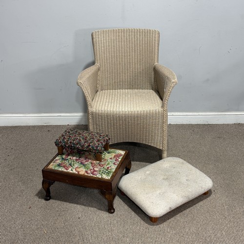 226 - A Lloyd Loom wicker Armchair, with label to back, W 64 cm x H 87 cm x D 45 cm, together with two sma... 