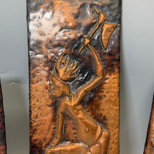283 - African Art; three patinated copper plaques in relief, one depicting a hunter with game, incised sig... 