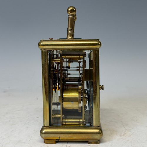 163 - A 19th century gilt brass cased carriage Clock, with repeat and striking on gong, backplate stamped ... 