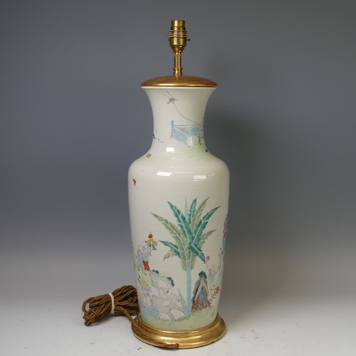 26 - A Chinese porcelain famille rose vase, 19th century, of baluster form, converted to a table lamp, de... 