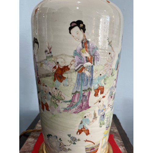 26 - A Chinese porcelain famille rose vase, 19th century, of baluster form, converted to a table lamp, de... 