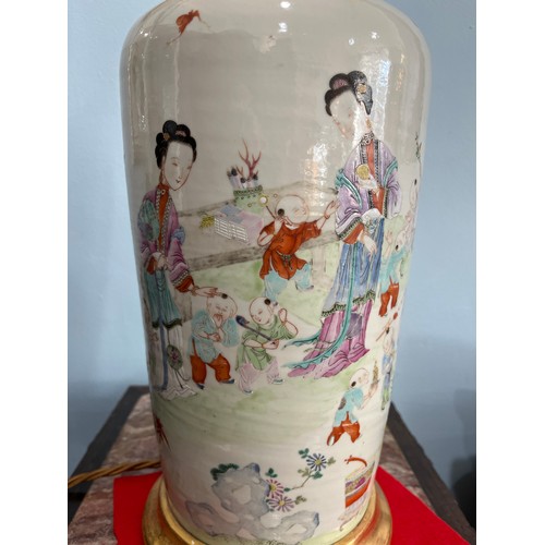 26 - A Chinese porcelain famille rose vase, 19th century, of baluster form, converted to a table lamp, de... 