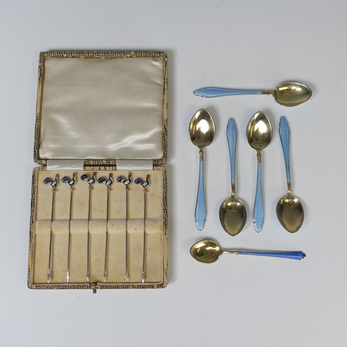52 - A cased set of six Art Deco silver Cocktail Sticks, each with enamel cockerel finials, marked 'sterl... 
