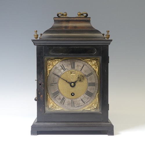 An 18th century ebonised bracket/table Clock, the engraved backplate singed 'Brounker Watts, London', with single fusee movement striking on two bells and with pull repeat, the 6.5 inch square gilt brass dial with silvered chapter applied with Roman numeral hours and Arabic minutes, singed 'Defontayne, London', with central date aperture, complete with pendulum and key, H 36 cm.