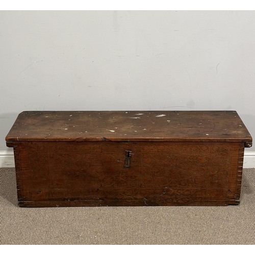 A late 17th century and later Italian Chest/Cassone, possibly cypress or cedar, the hinged top having penwork decorations to the underside, with scrolling leaves and flowers, lion and leopard to one side and dragons to the other, within mythical birds, the front decorated with poker and penwork scrolling leaves and flowers, with later alterations and repairs, see images, W 130 cm x H 42 cm x D 44 cm.