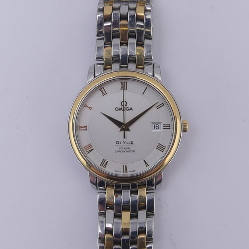 An Omega De Ville Co-Axial Chronometer automatic Wristwatch, the two-tone silvered dial with applied gold Roman numerals, date aperture at 3 o'clock position the case back engraved 'Omega Co-Axial Escapement', watch no.81824360, 36mm case diameter, on a branded bi-metal bracelet strap ref. 1508/837, running, no box or papers, caseback has not been removed.
