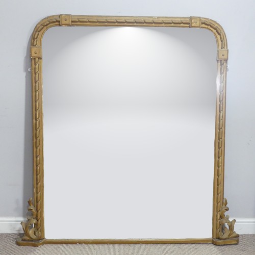 A large antique gilt painted overmantel Mirror, decorated with scrolled leaves and twisted columns, W 145 cm x H 147 cm.