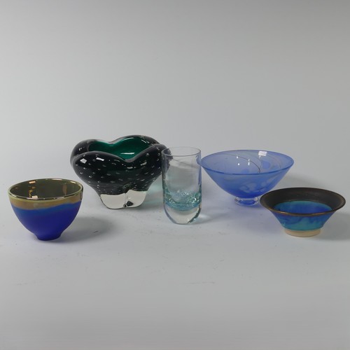 58 - A art glass green bowl/ashtray, possibly Whitefriars, 9cm high, D 13cm, together with a pale blue gl... 