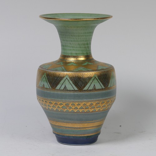 72 - Mary Rich (British, 1940-2022) a studio pottery Vase, decorated with a rich colour palate of green, ... 