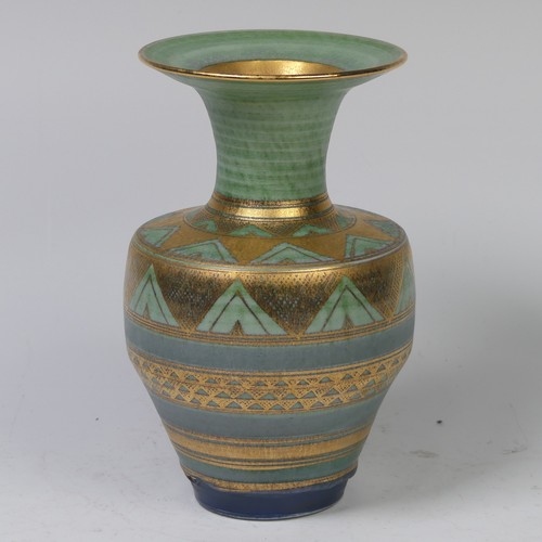 72 - Mary Rich (British, 1940-2022) a studio pottery Vase, decorated with a rich colour palate of green, ... 