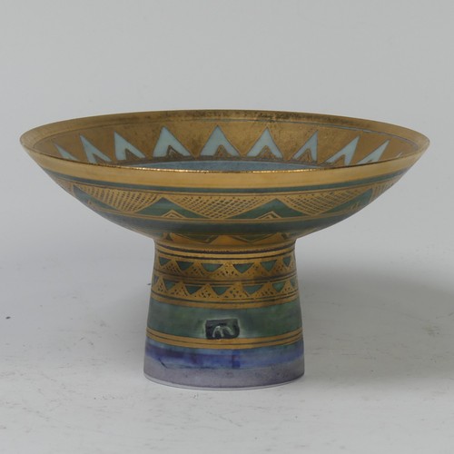 73 - Mary Rich (British, 1940-2022), studio pottery Footed Dish, decorated in blue and gold, signed and i... 