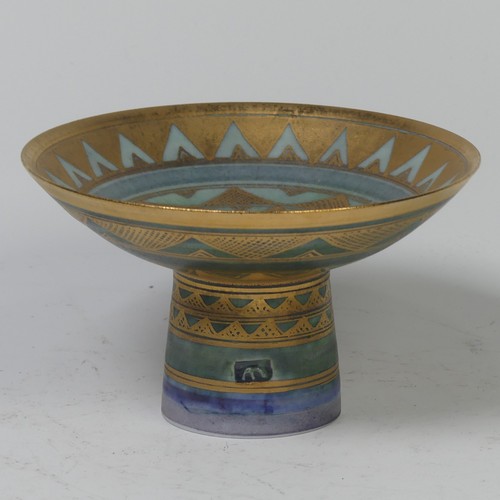 73 - Mary Rich (British, 1940-2022), studio pottery Footed Dish, decorated in blue and gold, signed and i... 