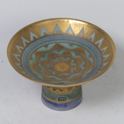 73 - Mary Rich (British, 1940-2022), studio pottery Footed Dish, decorated in blue and gold, signed and i... 