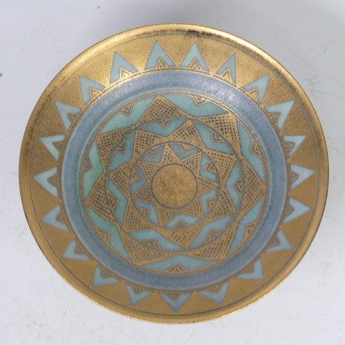 73 - Mary Rich (British, 1940-2022), studio pottery Footed Dish, decorated in blue and gold, signed and i... 
