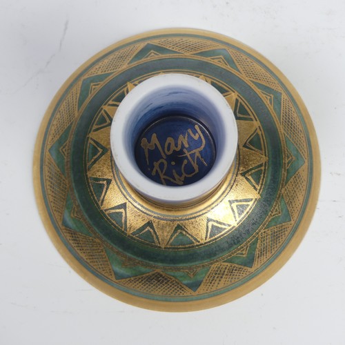 73 - Mary Rich (British, 1940-2022), studio pottery Footed Dish, decorated in blue and gold, signed and i... 