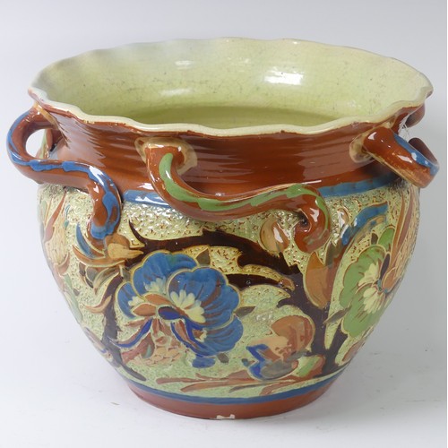 84 - A C. H. Brannam Barum pottery Jardinière dated 1900, with twisted handles, decorated by James S. Dew... 
