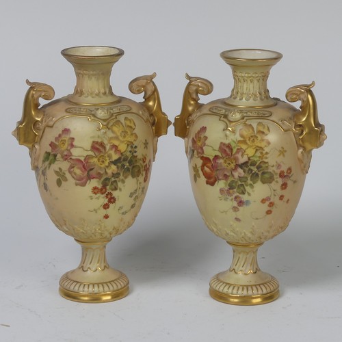 A pair of Royal Worcester blush ivory two-handled porcelain Vases, late 19th Century, printed and decorated in coloured enamels and gilt, shape No.1618, dated 1893, 18cm high (2)