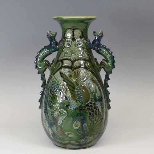 64 - A C.H. Brannam Pottery two-handled Vase, dated 1903, decorated in coloured enamels, with fish motif ... 