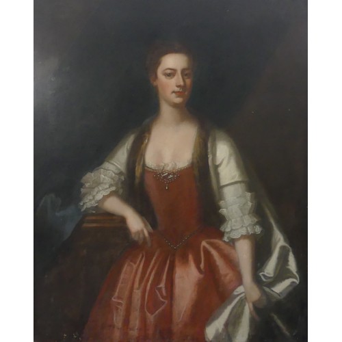 331 - Circle of Michael Dahl (Swedish 1656-1743), Portrait of a Lady, three-quarter length, in a red dress... 