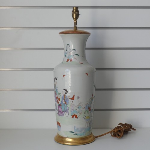 26 - A Chinese porcelain famille rose vase, 19th century, of baluster form, converted to a table lamp, de... 