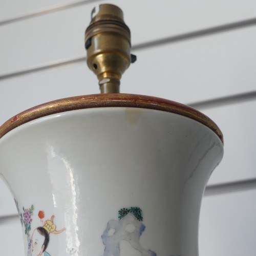 26 - A Chinese porcelain famille rose vase, 19th century, of baluster form, converted to a table lamp, de... 