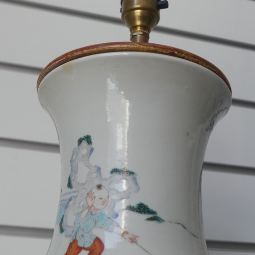 26 - A Chinese porcelain famille rose vase, 19th century, of baluster form, converted to a table lamp, de... 