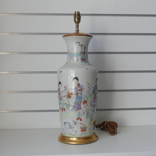 26 - A Chinese porcelain famille rose vase, 19th century, of baluster form, converted to a table lamp, de... 
