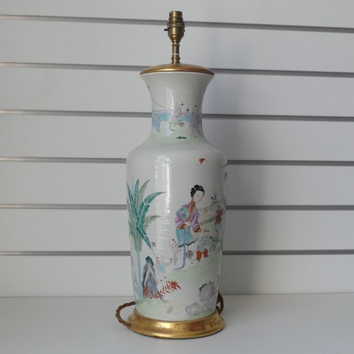 26 - A Chinese porcelain famille rose vase, 19th century, of baluster form, converted to a table lamp, de... 