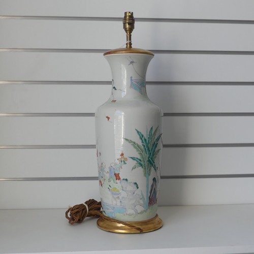 26 - A Chinese porcelain famille rose vase, 19th century, of baluster form, converted to a table lamp, de... 