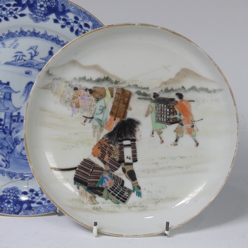 57 - A pair of Japanese porcelain plates, Meiji period, with Samurai preparing for battle scenes, painted... 