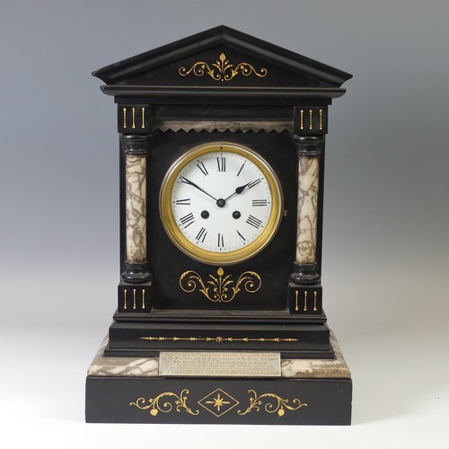 45 - A Victorian slate and marble mantel Clock, presented to ''Lieutenant Colonel Culbard, Elgin'', with ... 